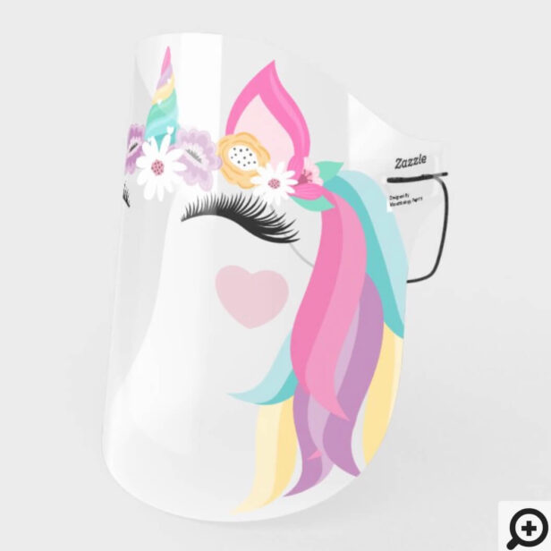 Cute Magical Rainbow Unicorn Floral & Flowing Hair Face Shield