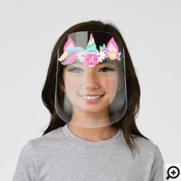 Cute Magical Rainbow Unicorn Florals & Monogram Kids' Face Shield