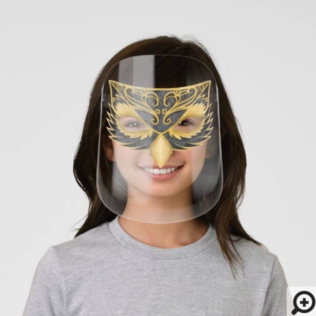 Elegant Black & Gold Decorative Owl Face Face Shie Kids' Face Shield