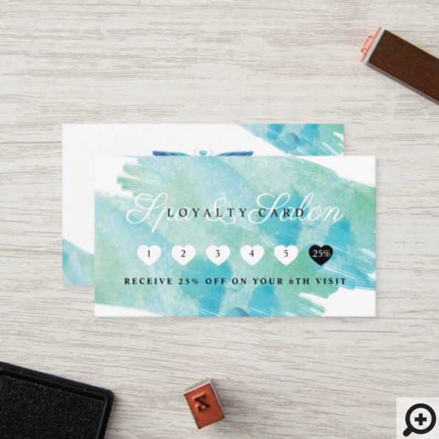Elegant Blue Watercolor Dragonfly Salon & Spa Loyalty Card