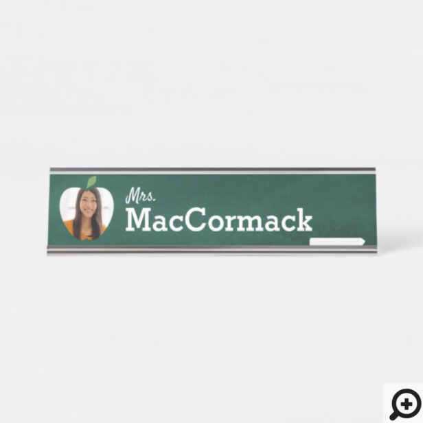 Fun Schoolteacher Green Chalkboard Apple Photo Desk Name Plate