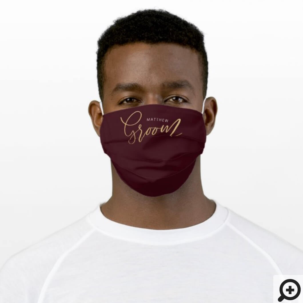 Groom Wedding Brush Script Gold & Burgundy Cloth Face Mask