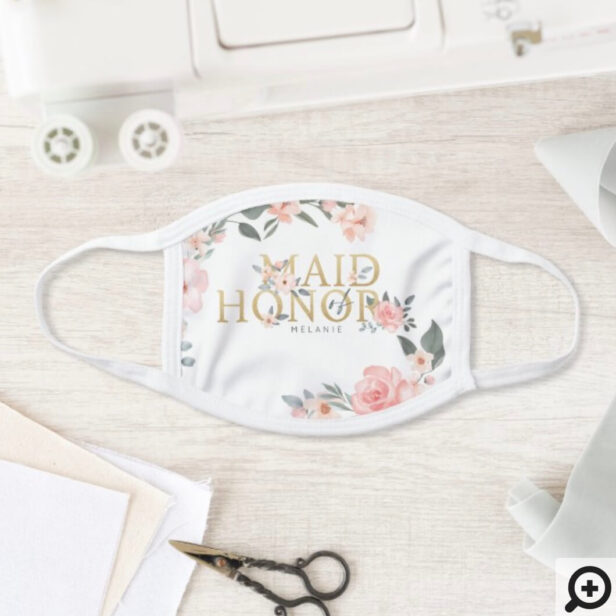 Maid of Honor Wedding Watercolor Floral Rose White Face Mask
