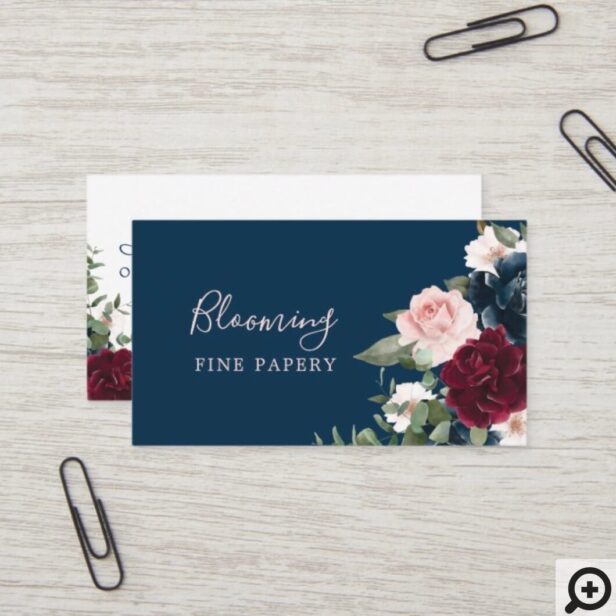Red Burgundy & Blue Elegant Watercolor Flowers Business Card