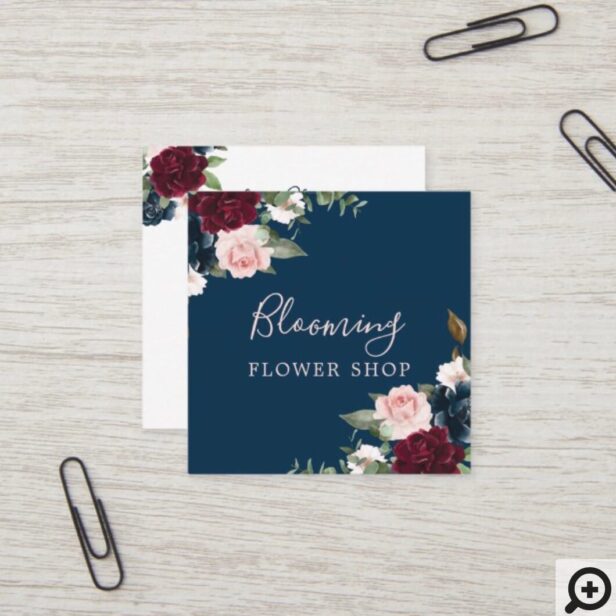 Red Burgundy & Blue Elegant Watercolor Flowers Square Business Card