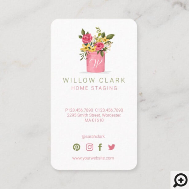 Watercolor Bouquet Potted Floral Roses Monogram Business Card