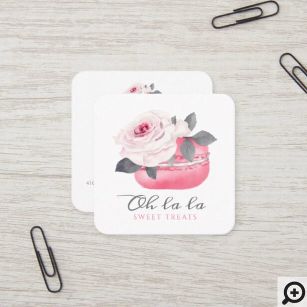 Watercolor Floral Pink Macaron Bakery & Sweets Square Business Card