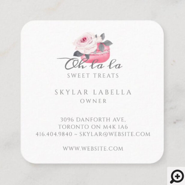 Watercolor Floral Pink Macaron Bakery & Sweets Square Business Card