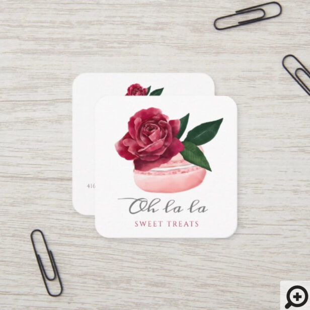 Watercolor Floral Red Rose Macaron Bakery & Sweets Square Business Card