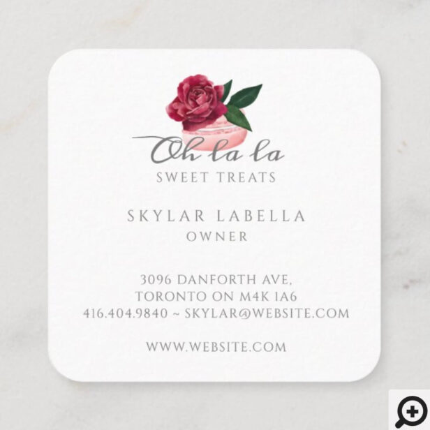 Watercolor Floral Red Rose Macaron Bakery & Sweets Square Business Card