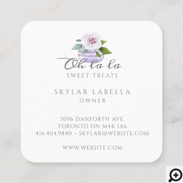 Watercolor Floral Violet Macaron Bakery & Sweets Square Business Card