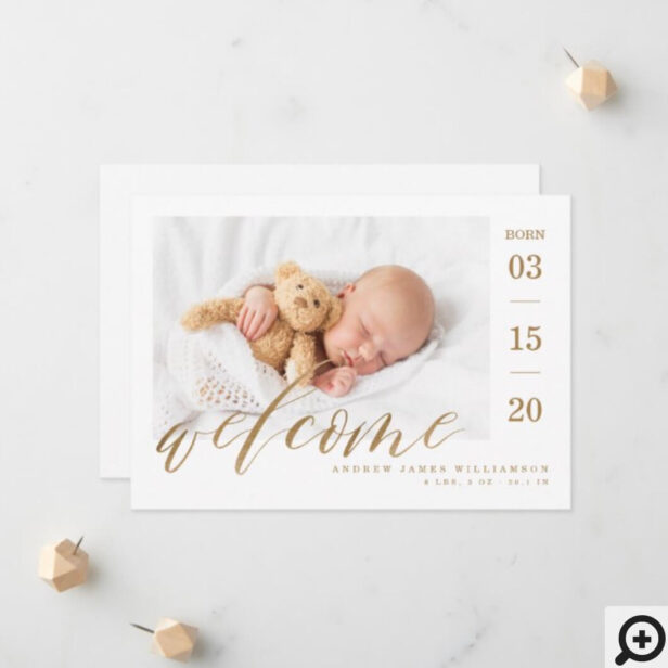 Welcome Gold Script Baby Birth Stats & Photo dfsdf Announcement