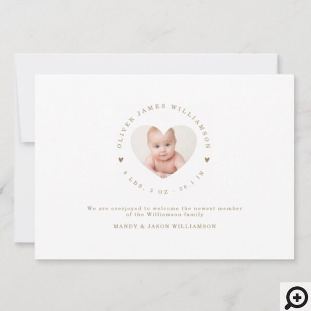 Welcome Home Baby Modern Minimal Gold Hearts Photo Announcement