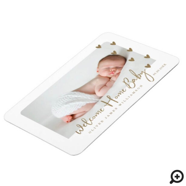 Welcome Home Baby Modern Minimal Gold Hearts Photo Magnet