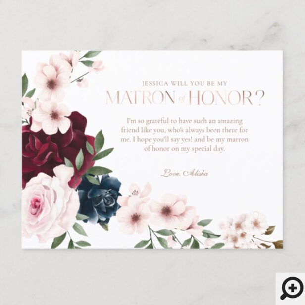 Be My Matron of Honor? Burgundy Navy Florals Photo Invitation Postcard