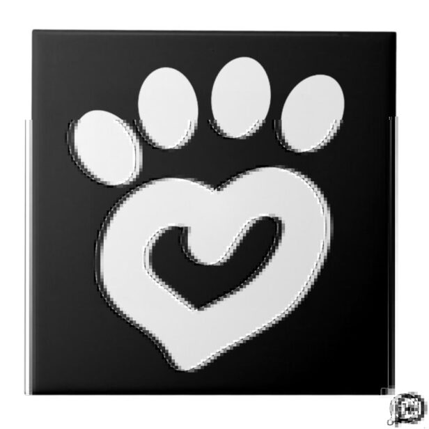 Black & White Dog Heart Paw Print Ceramic Tile