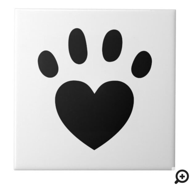 Black & White Dog Heart Paw Print White Ceramic Tile