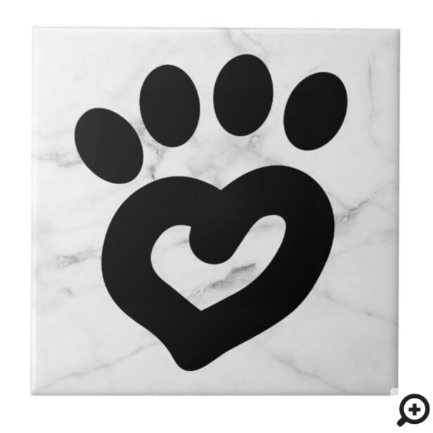 Black & White Marble Dog Heart Paw Print Design Ceramic Tile