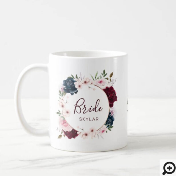 Bride Burgundy & Navy Rose Watercolor Wreath Coffee Mug