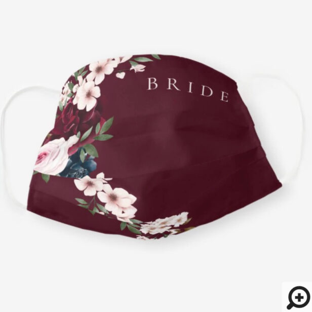 Burgundy Navy Watercolor Floral Waterfall Bride Burgundy Cloth Face Mask