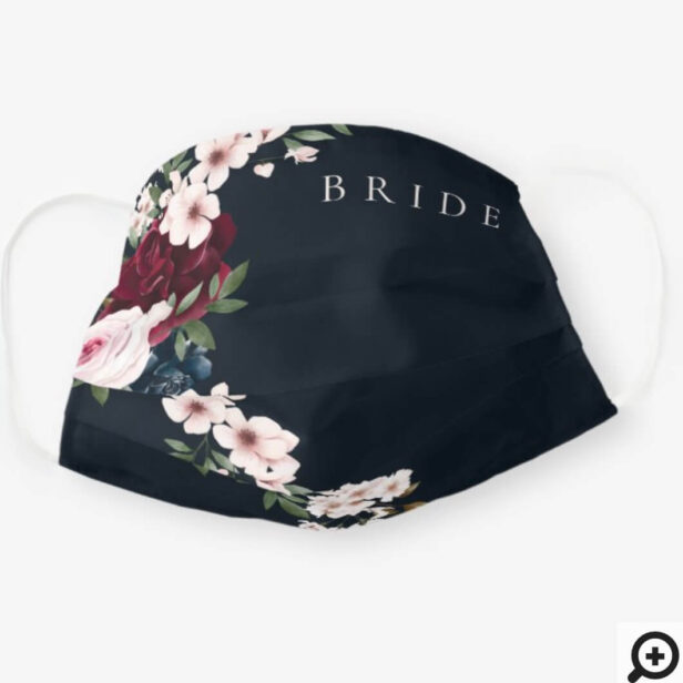 Burgundy Navy Watercolor Floral Waterfall Bride Cloth Face Mask
