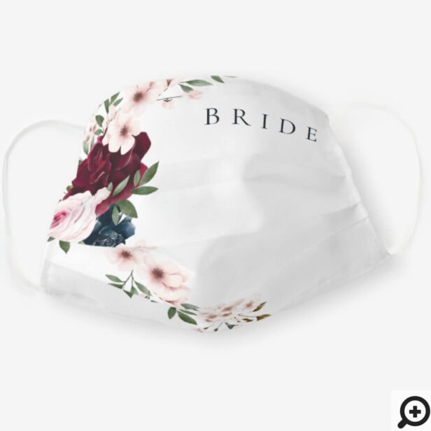 Burgundy Navy Watercolor Floral Waterfall Bride White Cloth Face Mask