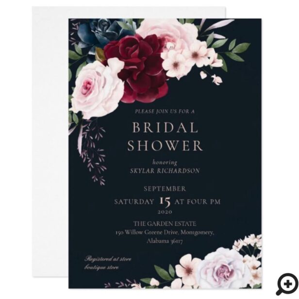 Burgundy Navy Rose Watercolor Wreath Bridal Shower Invitation