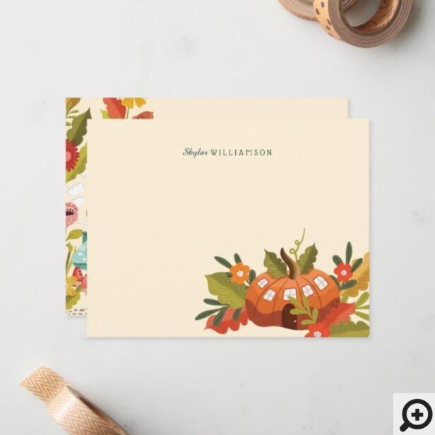 Cute Fairy Garden Autumn Leafs Mushroom & Pumpkin Note Card