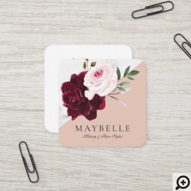 Elegant Burgundy & White Marble Watercolor Floral Square Business Card
