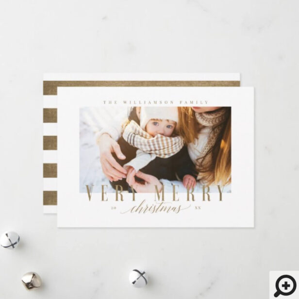 Elegant Very Merry Christmas Gold Typography Photo Holiday Card