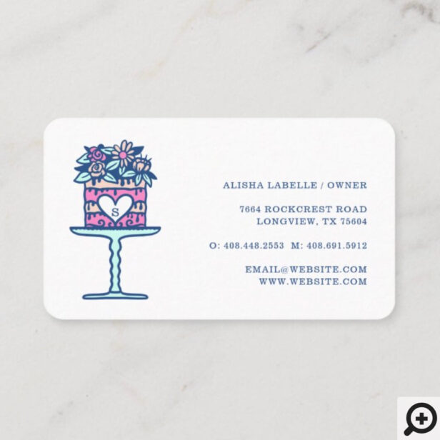 Floral Style Bakery Cake & Stand Logo Blue Business Card