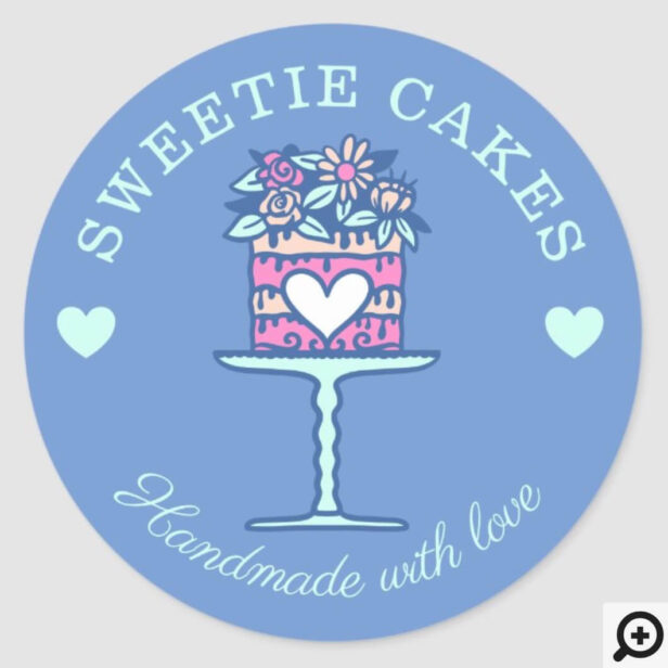 Floral Style Bakery Cake & Stand Logo Blue Classic Round Sticker