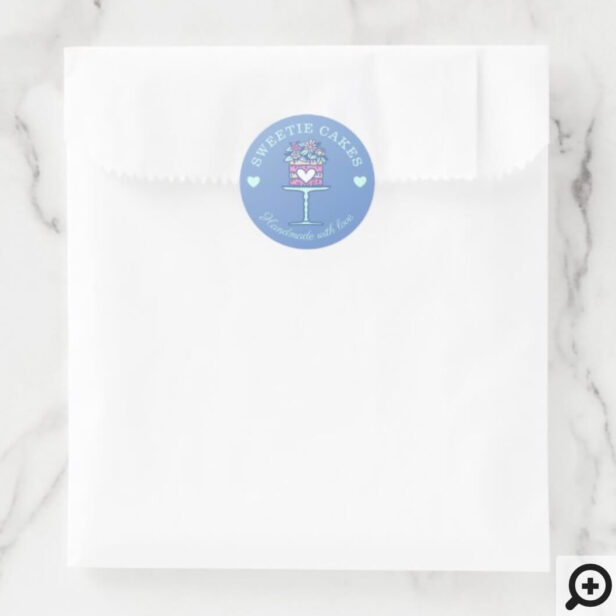 Floral Style Bakery Cake & Stand Logo Blue Classic Round Sticker