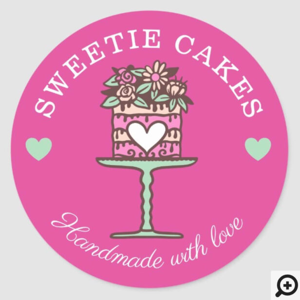 Floral Style Bakery Cake & Stand Logo Pink Classic Round Sticker