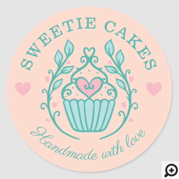 Floral Style Bakery Cupcake Logo Blush Pink Classic Round Sticker
