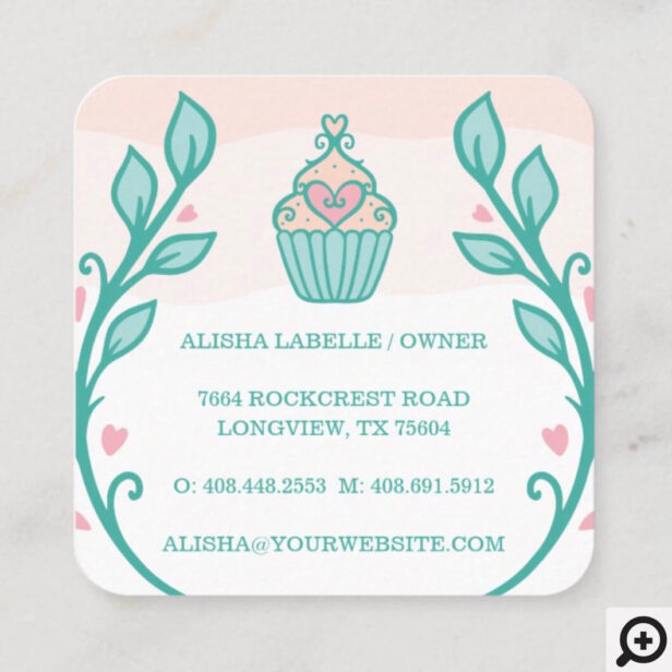Floral Style Bakery Cupcake Logo Blush Pink Ombre Square Business Card