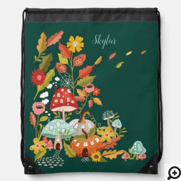 Fun Fairy Garden Autumn Leafs Mushrooms & Pumpkin Drawstring Bag