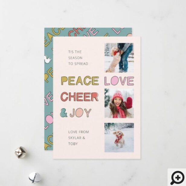 Fun Modern Peace Love Cheer & Joy Family Photos Holiday Card
