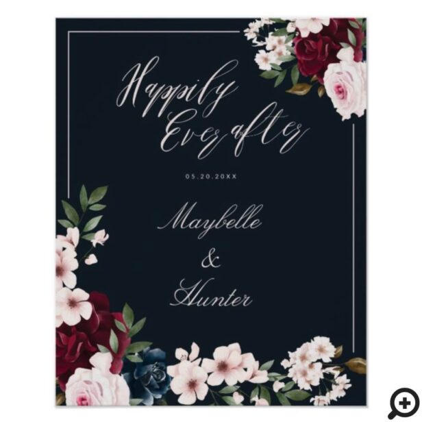 Happily Ever After Watercolor Burgundy Navy Floral Poster