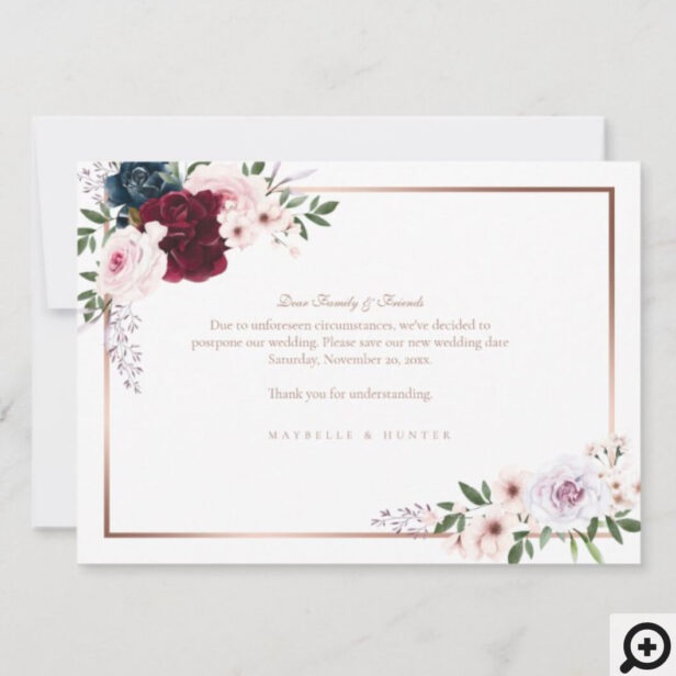 Love is Patient Rose Gold Burgundy Florals Photo Save The Date