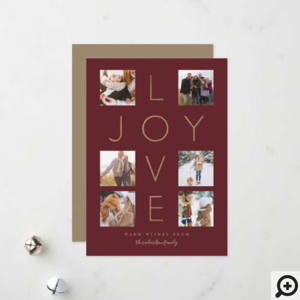 Modern Minimal Love Joy Cross Family Photo Collage Burgundy Holiday Card