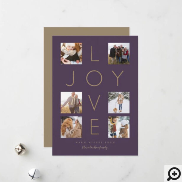 Modern Minimal Love Joy Cross Family Photo Collage Purple Holiday Card