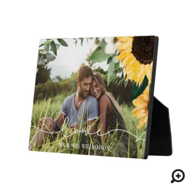 Modern Yellow Watercolor Sunflowers Photo Wedding Plaque