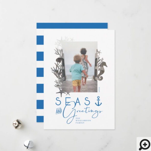 Nautical Blue Seas & Greetings Ocean Photo Frame Holiday Card