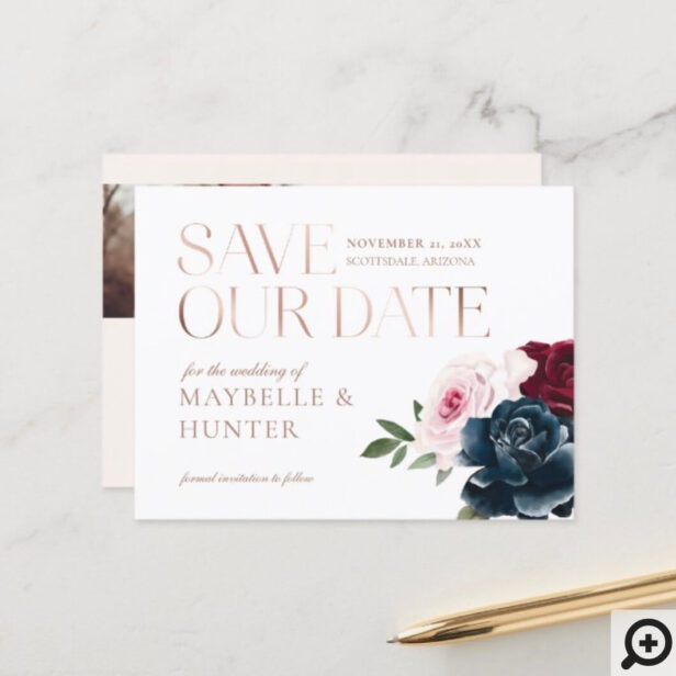 Navy Burgundy Watercolor Photo Save Our Date Announcement Postcard