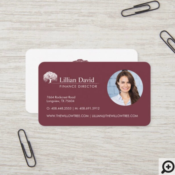 Rustic Burgundy & White Willow Tree Logo Photo Business Card
