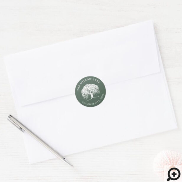 Rustic Modern Olive Green & White Willow Tree Logo Classic Round Sticker