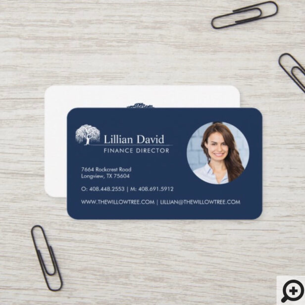 Rustic Navy Blue & White Willow Tree Logo Photo Business Card