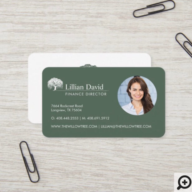 Rustic Olive Green & White Willow Tree Logo Photo Business Card
