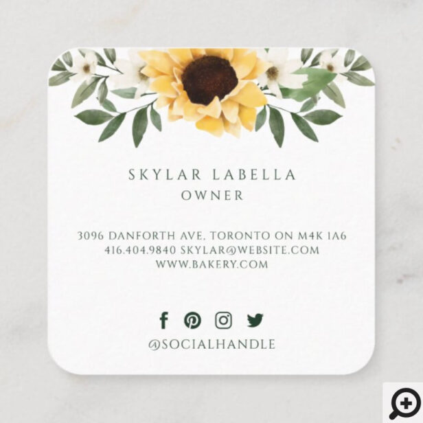 Rustic Wooden Rolling Pin Yellow Sunflower Bakery Square Business Card